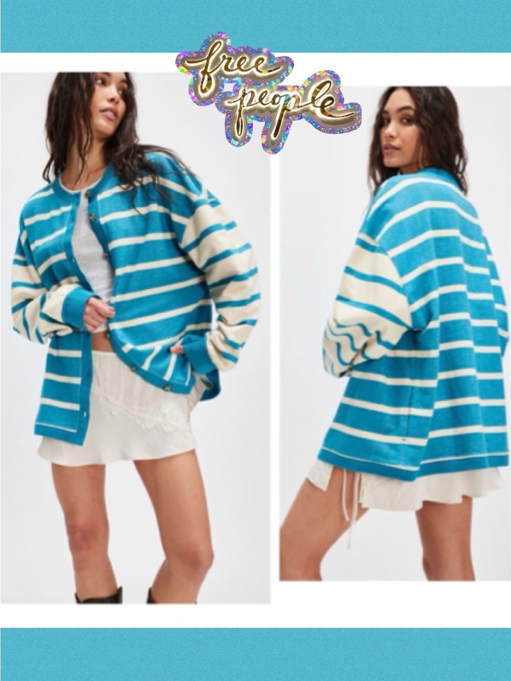 Free People We the Free Classic Striped Cardigan in Teal Combo Size Small